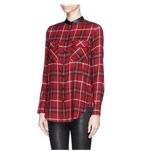 Vince Leather Trim Plaid Long Sleeve Button Down Shirt - 4